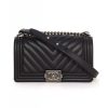Chanel Boy Chanel Handbag in Chevron Quilted Calfskin Leather-Black