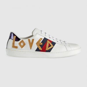 Gucci Unisex Ace Embroidered Leather Sneaker Shoes Style-White