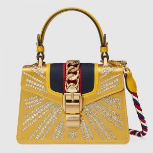 Gucci Sylvie Crystal Mini Top Handle Bag in Satin with Leather Trim