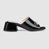 Gucci Women Patent Leather Mid-Heel Slide 5.1cm Chunky Heel-Black