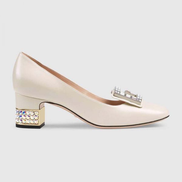 Gucci Women Shoe Leather Mid-Heel Pump with Crystal G 50mm Heel-White