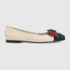 Gucci Women Shoes Leather Ballet Flat with Web Bow 10mm Heel-White
