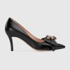 Gucci Women Leather Mid-Heel Pump with Bee Shoes Black