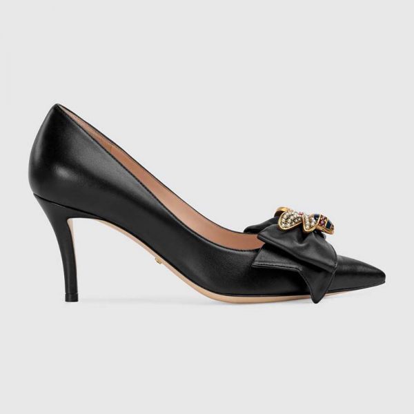 Gucci Women Shoes Leather Mid-Heel Pump with Bow 75mm Heel-Black