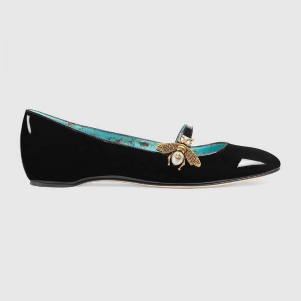 Gucci Women Shoes Patent Leather Ballet Flat with Bee 10mm Heel-Black
