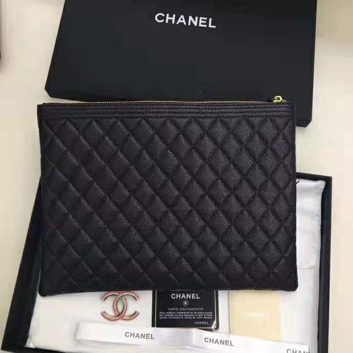 Chanel Unisex Boy Chanel Large Pouch in Lambskin LeatherBlack Brandsoff