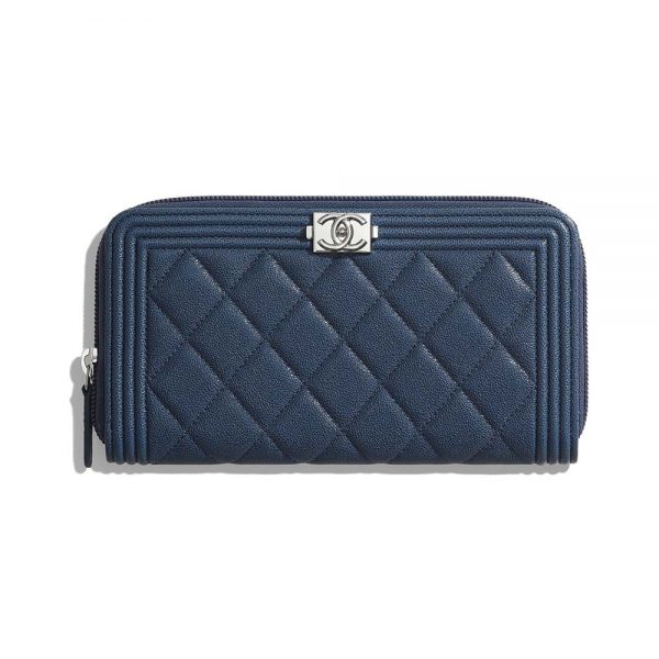 Chanel Unisex Boy Chanel Long Zipped Wallet in Grained Calfskin Leather-Navy