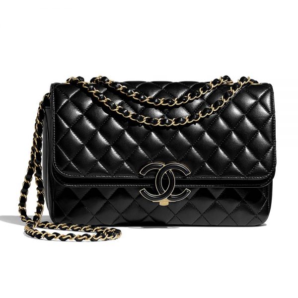 Chanel Women Flap Bag in Metallic Lambskin Leather-Black