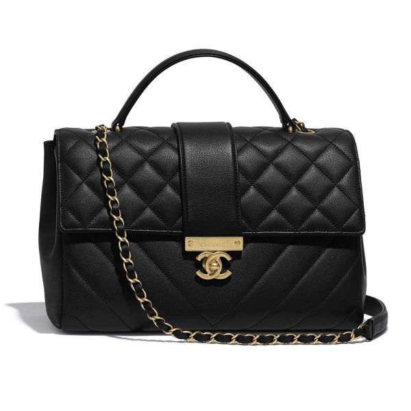 Chanel Women Flap Bag with Top Handle in Calfskin Leather-Black