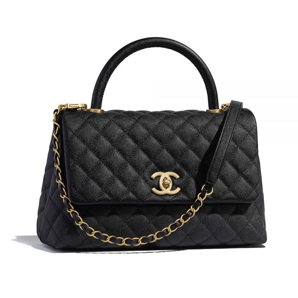 Chanel Women Flap Bag with Top Handle in Grained Calfskin Leather-Black