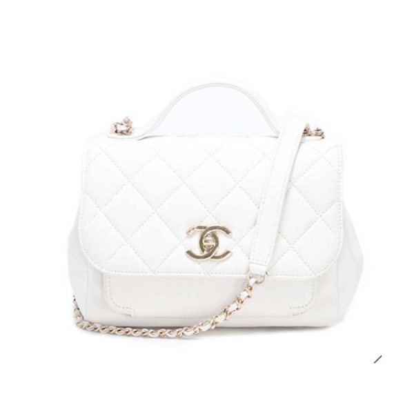 Chanel Women Flap Bag with Top Handle in Grained Calfskin Leather-White