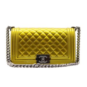 Chanel Women Leboy Flap Bag with Chain in Patent Calfskin Leather-Yellow