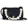 Chanel Women Shoulder Flap Bag Artificial Pearl Tweed Metal Chain-Black