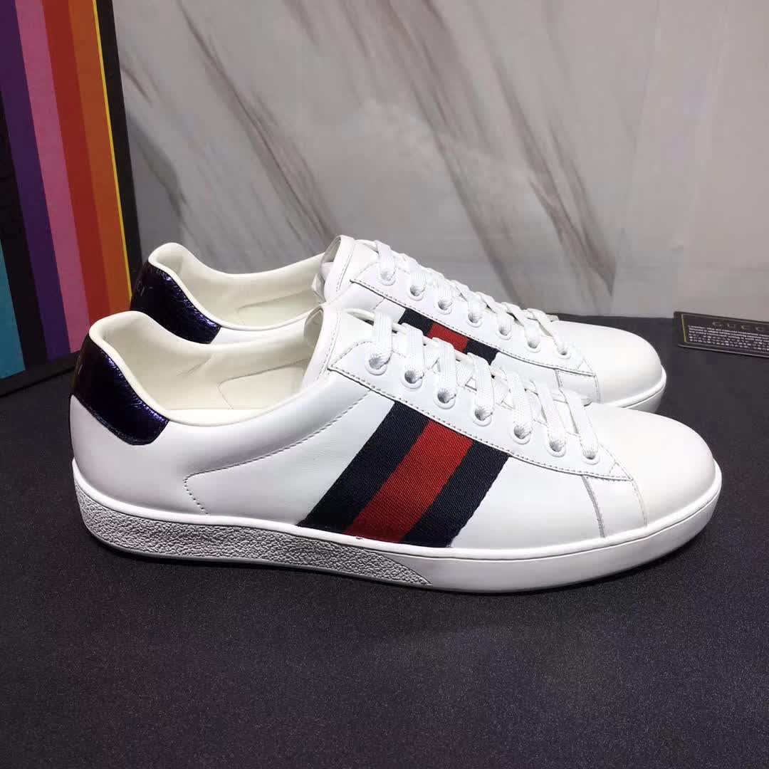 Gucci Men Ace Low-top Sneaker Shoes in Leather with Web-Navy - Brandsoff