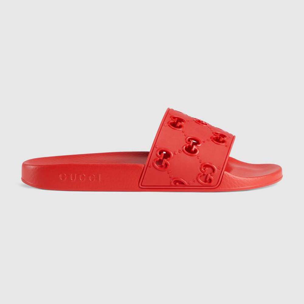 Gucci Women Rubber GG Slide Sandal-Red 