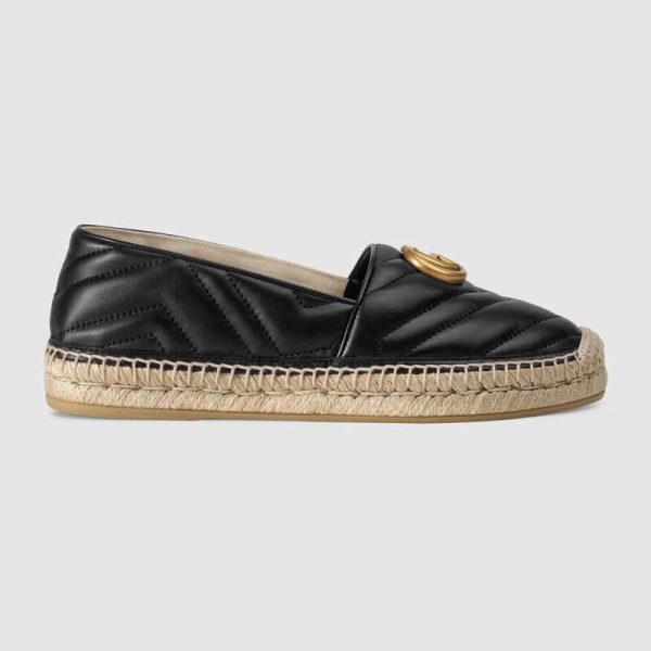 Gucci Women Leather Espadrille with Double G in Matelassé Chevron Leather-Black