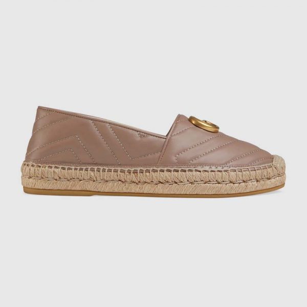 Gucci Women Leather Espadrille with Double G in Matelassé Chevron Leather-Sandy