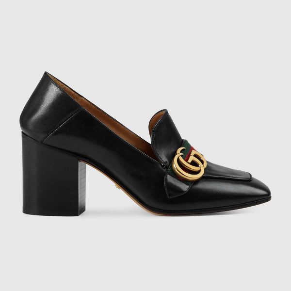 Gucci Women Leather Mid-Heel Loafer Shoes-Black