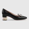 Gucci Women Shoe Leather Mid-Heel Pump with Crystal G 50mm Heel-Black