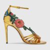 Gucci Women Shoes Embroidered Leather Mid-Heel Sandal 100mm Heel-Yellow