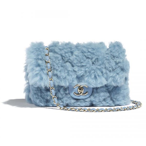 Chanel Women Flap Bag in Shearling Lambskin Leather-Blue