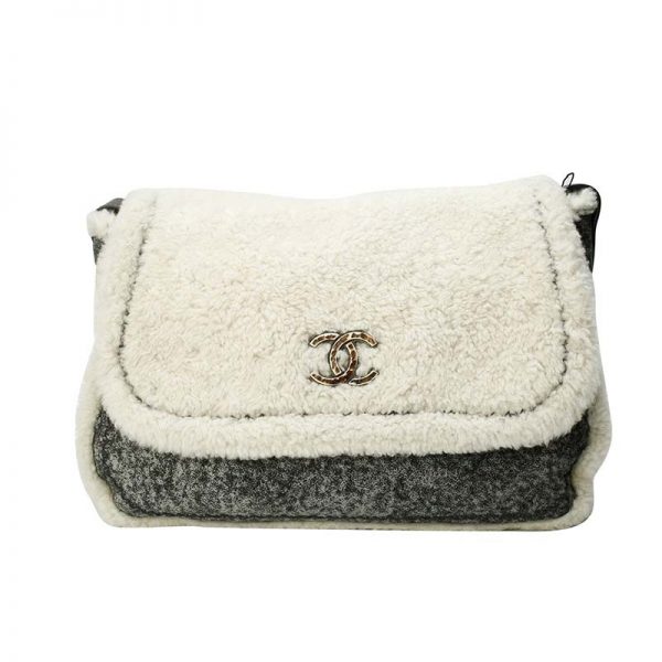 Chanel Women Flap Bag in Shearling Sheepskin Leather-White and Grey