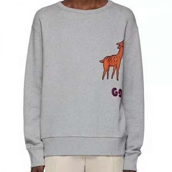 Gucci Men Hooded Sweatshirt with Deer Patch in 100% Cotton-Grey