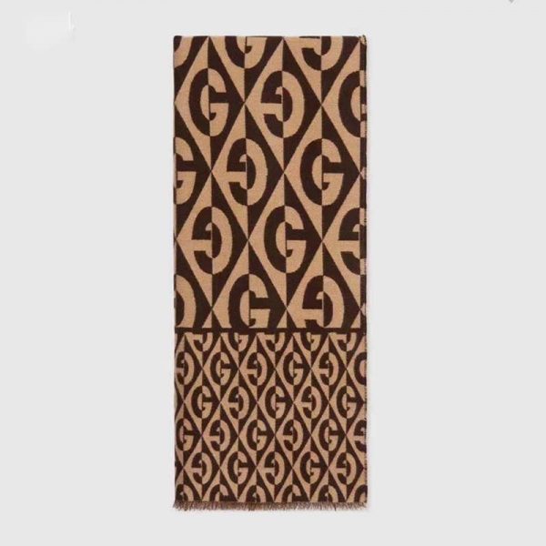 Gucci Unisex G Rhombus Jacquard Scarf in Wool and Cotton-Brown