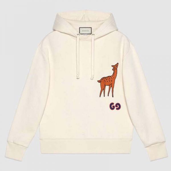 Gucci Women Hooded Sweatshirt with Deer Patch in 100% Cotton-White