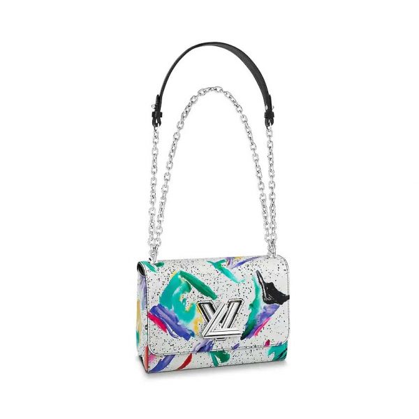 Louis Vuitton LV Women Twist MM Handbag Splash in Printed Cowhide Leather-White