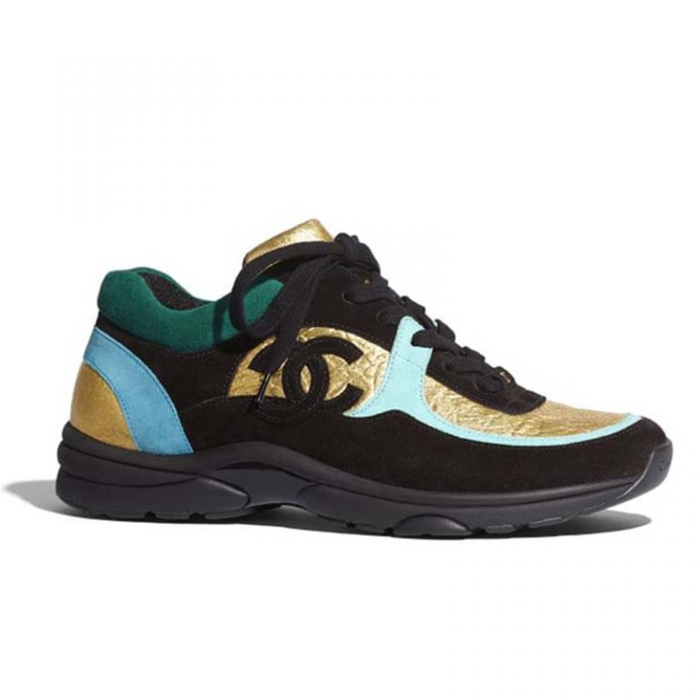 chanel cc velvet calfskin mixed fibers black gold chunky sneaker