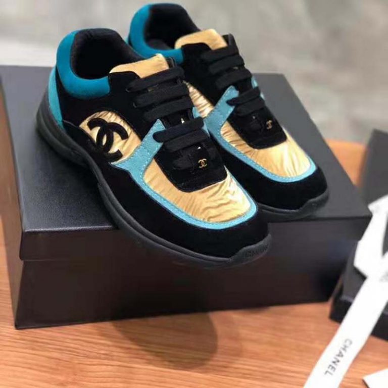 chanel cc velvet calfskin mixed fibers black gold chunky sneaker