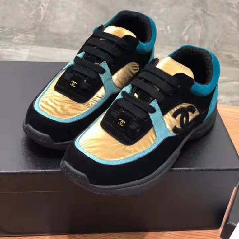 chanel cc velvet calfskin mixed fibers black gold chunky sneaker