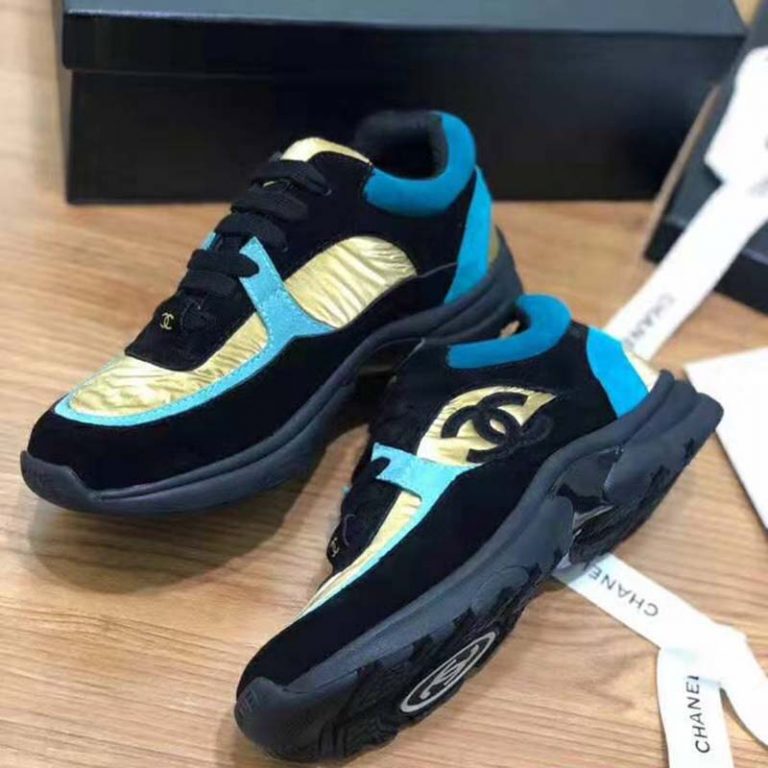 chanel cc velvet calfskin mixed fibers black gold chunky sneaker