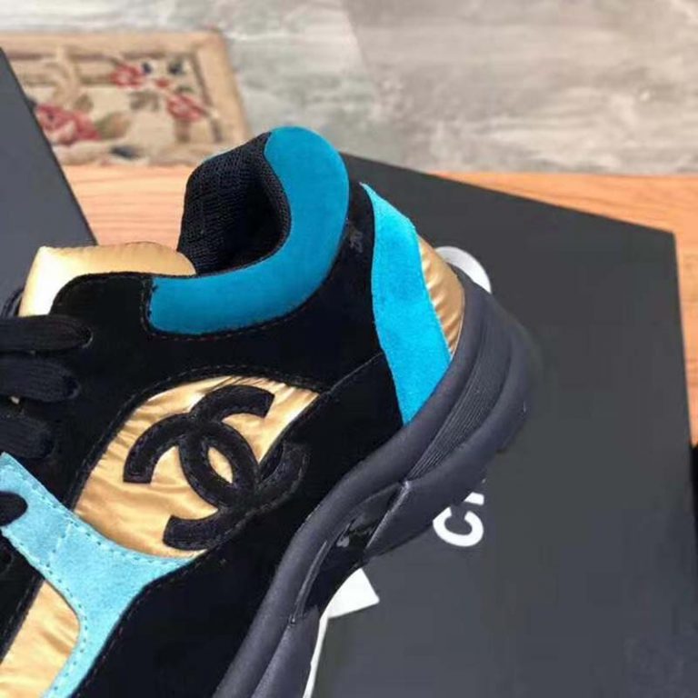 chanel cc velvet calfskin mixed fibers black gold chunky sneaker