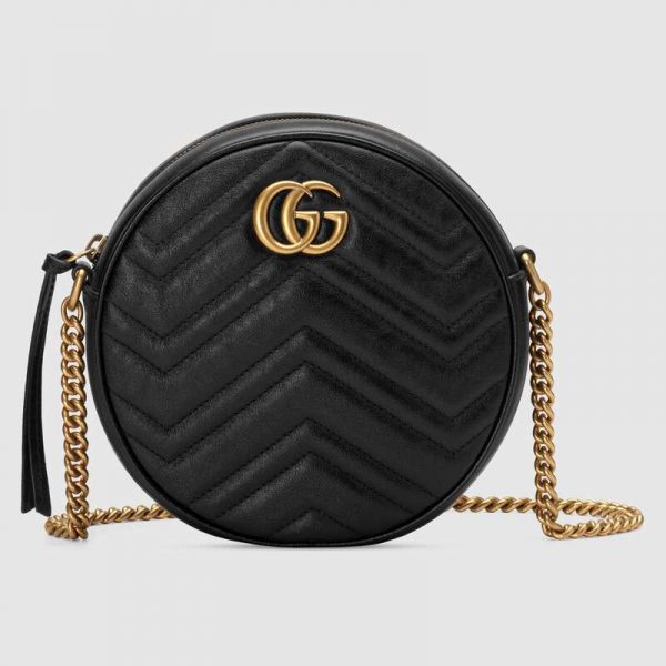 Gucci GG Women GG Marmont Mini Round Shoulder Bag in Matelassé Chevron Leather-Black