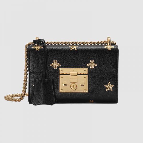 Gucci GG Women Padlock Bee Star Small Shoulder Bag in Leather with Gold Bees and Stars Print-Black