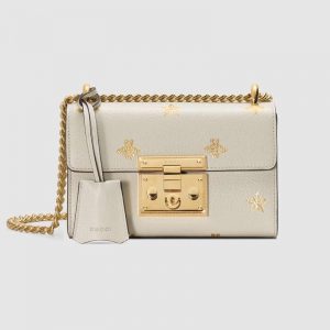 Gucci GG Women Padlock Bee Star Small Shoulder Bag in Leather with Gold Bees and Stars Print-White