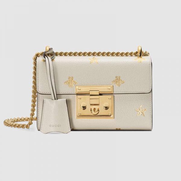 Gucci GG Women Padlock Bee Star Small Shoulder Bag in Leather with Gold Bees and Stars Print-White