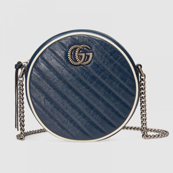 Gucci GG Women GG Marmont Mini Round Shoulder Bag in Blue Diagonal Matelassé Leather