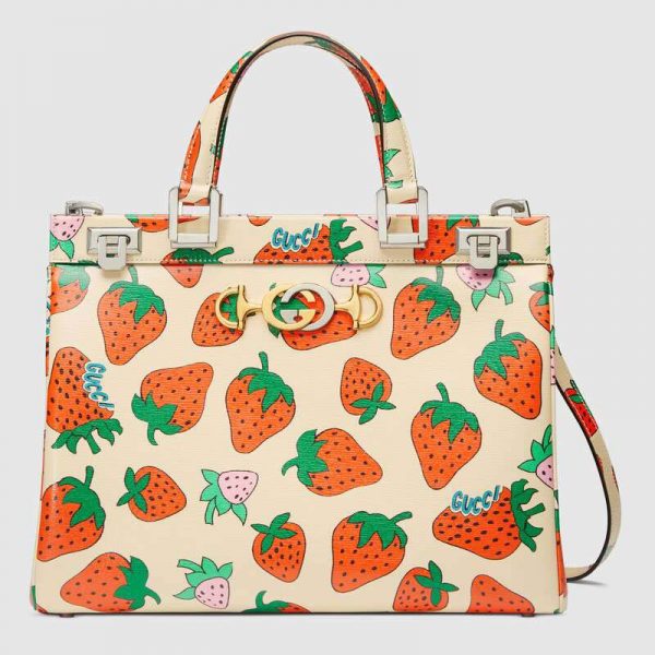 Gucci GG Women Gucci Zumi Strawberry Print Medium Top Handle Bag in Gucci Strawberry Print Ivory Leather