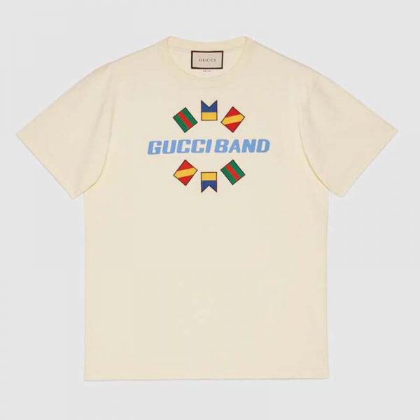 Gucci Men Gucci Band Oversize Print T-Shirt in White Cotton Jersey