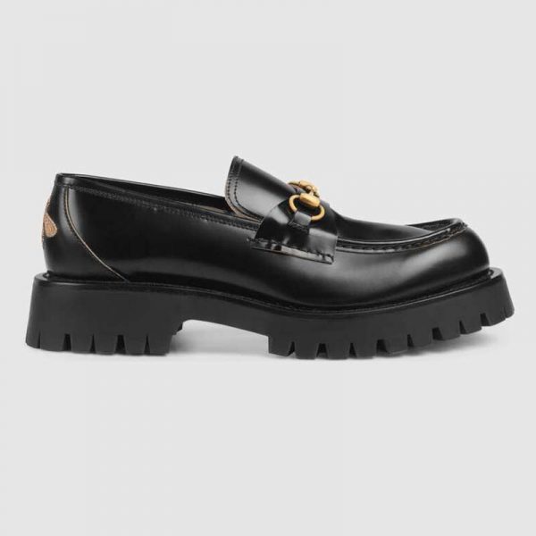 Gucci Men Leather Lug Sole Horsebit Loafer in Black Leather 4.6 cm Heel