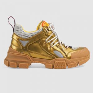 Gucci Unisex Flashtrek Sneaker in Gold Metallic Leather 5.6 cm Heel