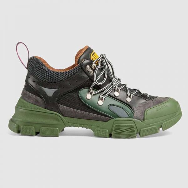 Gucci Unisex Flashtrek Sneaker in Green and Black Leather 5.6 cm Heel