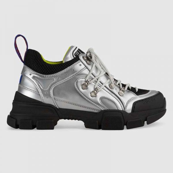 Gucci Unisex Flashtrek Sneaker with Crystals in Silver Metallic Leather 5.6 cm Heel