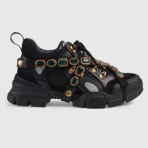 Gucci Unisex Flashtrek Sneaker with Removable Crystals in Black Leather 5.6 cm Heel