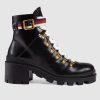 Gucci Women Gucci Leather Ankle Boot with Sylvie Web in Black Leather 2.5 cm Heel