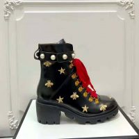 Gucci Women Gucci Leather Embroidered Ankle Boot in Black Leather 8.9 cm-Red (1)