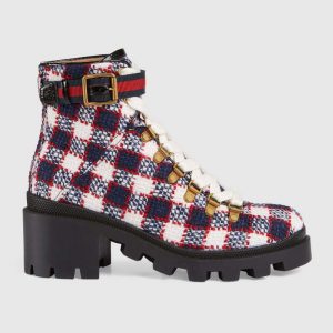 Gucci Women Gucci Zumi GG Check Tweed Ankle Boot in Blue White and Red